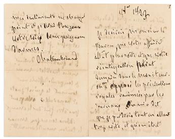 CHATEAUBRIAND, FRANÇOIS RENÉ DE. Small archive of 6 letters Signed, Chateaubriand, and an unsigned note, to the Baron de Vitrolles or